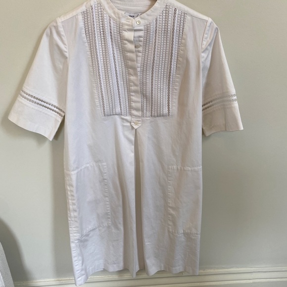 VINCE Lattice Lace Bib Cotton Poplin Shift Dress - Picture 3 of 16